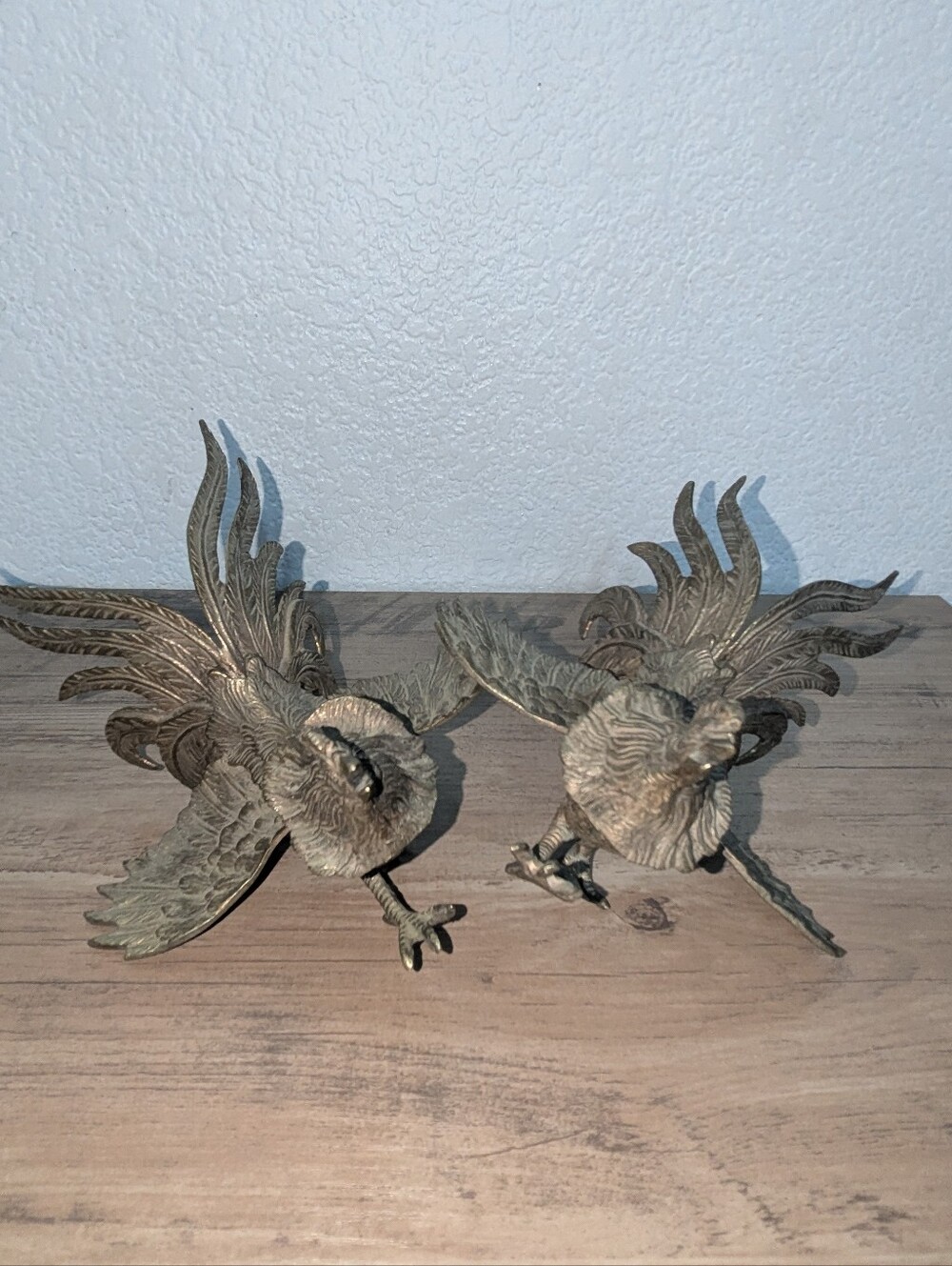 Vintage MCM Silver-tone Brass Fighting Roosters Pair - Hollywood Regency Table